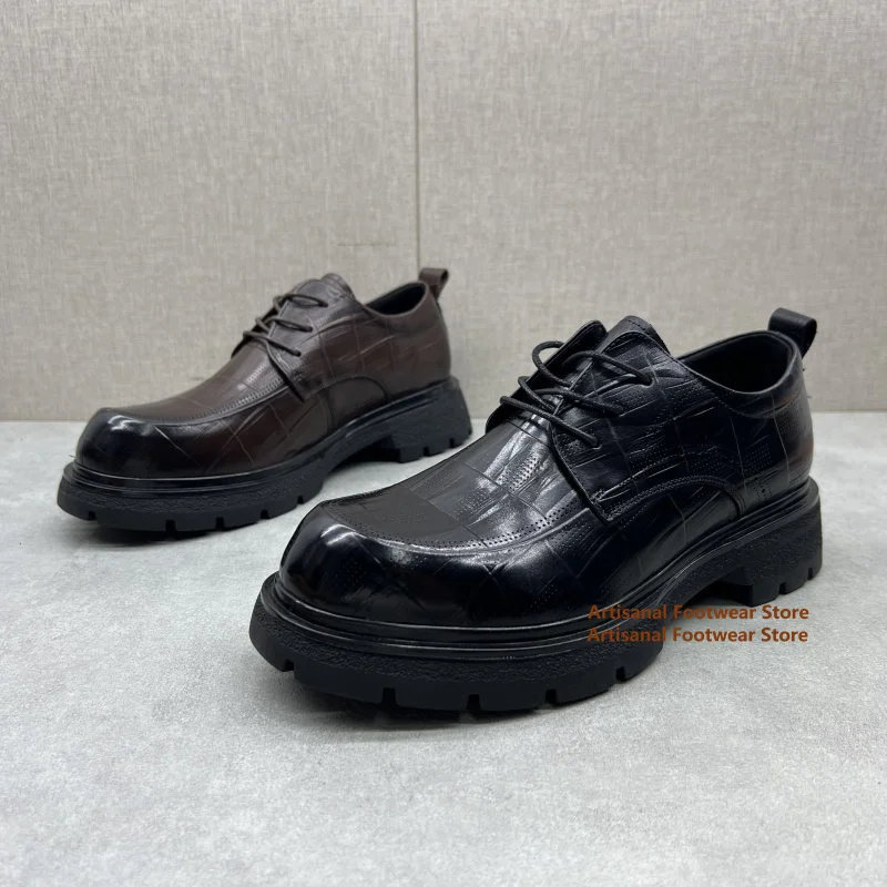 Brown/black Glossy Croc Embossed Leather Derby Shoes for Men Chunky Platform Sole Casual Dress Shoes Trendy Luxury Men's Shoes
