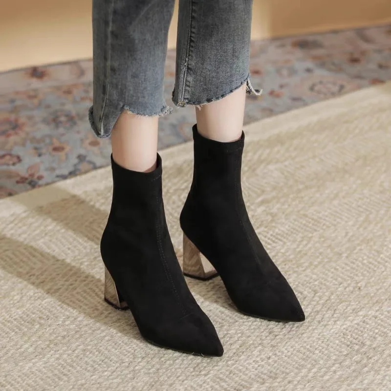 2023 New Autumn and Winter Thickened High Heels Versatile Thin Boots Women\'s Pointed Toe Mid-calf Elastic Sock Boots for Women