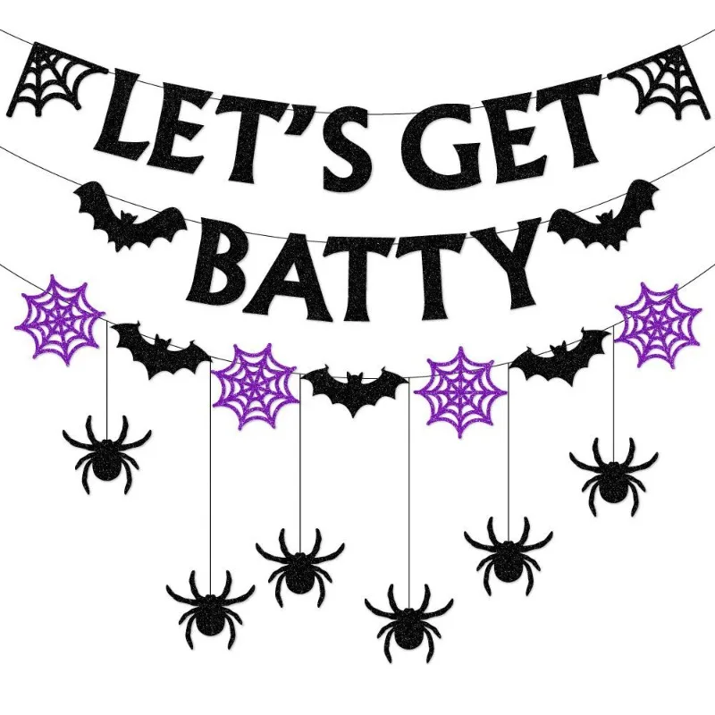 3pcs Spooky Bat Banner Spider Streamer Hanging Pendant Halloween Indoor Outdoor Wall Ceiling Scene Shooting Decor Supply