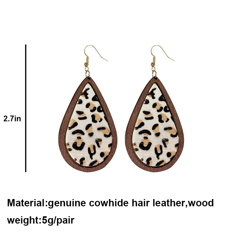 Europe and The United States Leopard Print Horsehair Cowhide Earrings Bohemian Cow Pattern Water Drop Wood Quality Jewelry Gifts