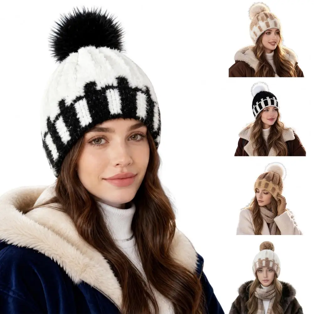 Warm Knit Hat with Pom Pom Knit Winter Hat with Faux Fur Pom Thick Soft Cable Knit Elastic Thermal Headwear for Weather Outdoors