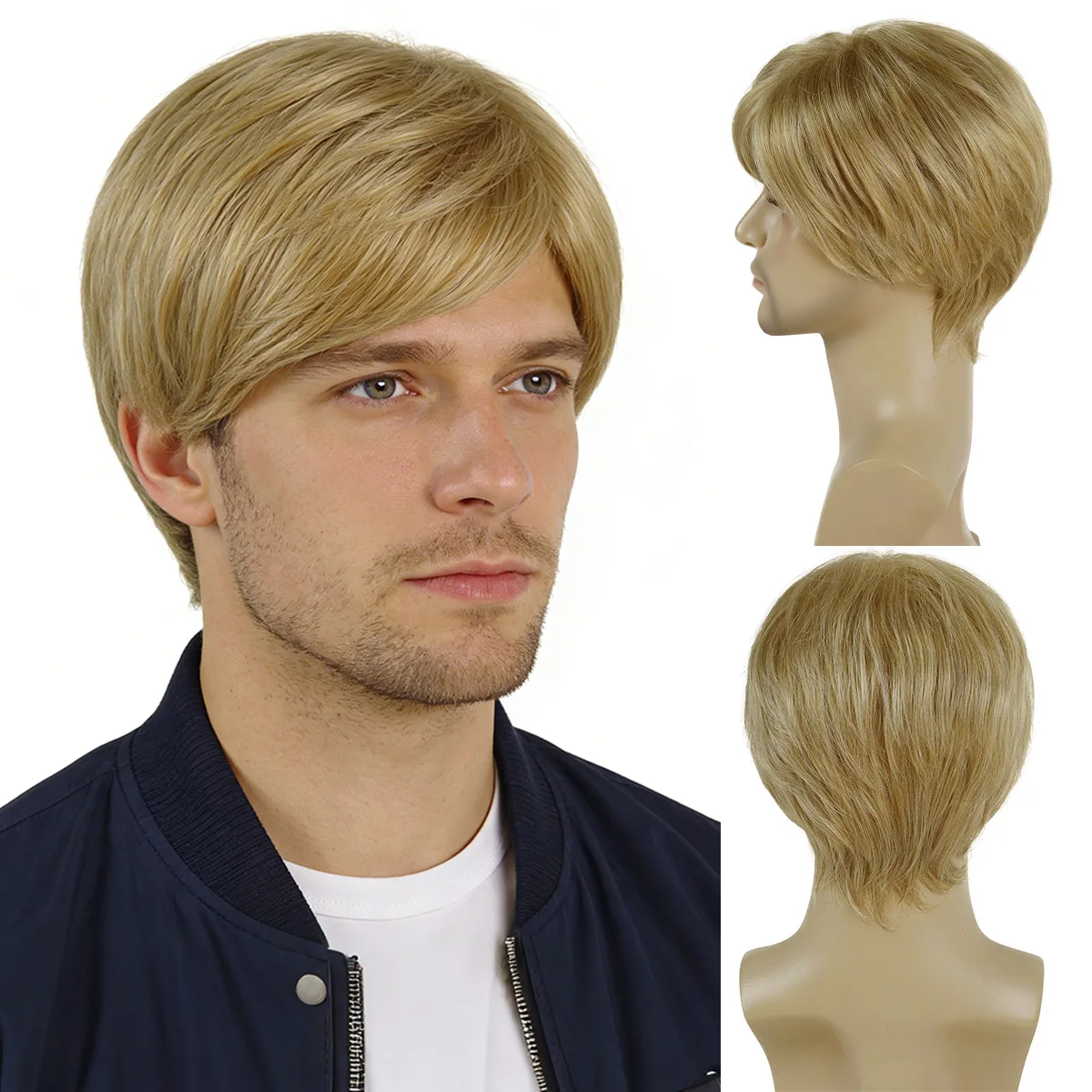 

Синтетический реалистичный парик с челкой, короткая стрижка, мужской парик, золотисто-русый, термостойкий, стильный мужской парик для повседневной носки и вечеринок на Хэллоуин