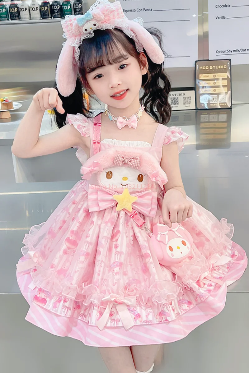 Original Miniso Kawaii Cinnamoroll My Melody Children Dress Cartoon Anime Lolita Princess Dresses Summer Party Sweet Girls Gifts