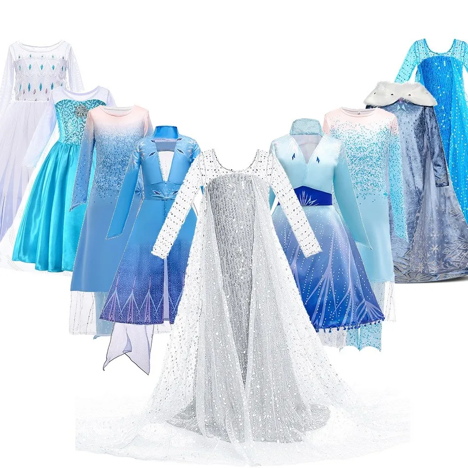 

Girl Elsa Dress Halloween Party Princess Dress Blue White Sequins Snow Queen Fancy Outfits Children Christmas Carnival Clothes