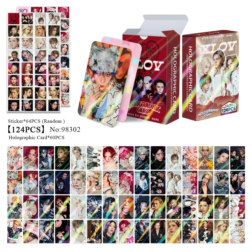 124Pcs/Set Idol XLOV New Album Series Holographic Flash Card Lomo Card And Sticker WUMUTI RUI HARU VNet Fan Gift