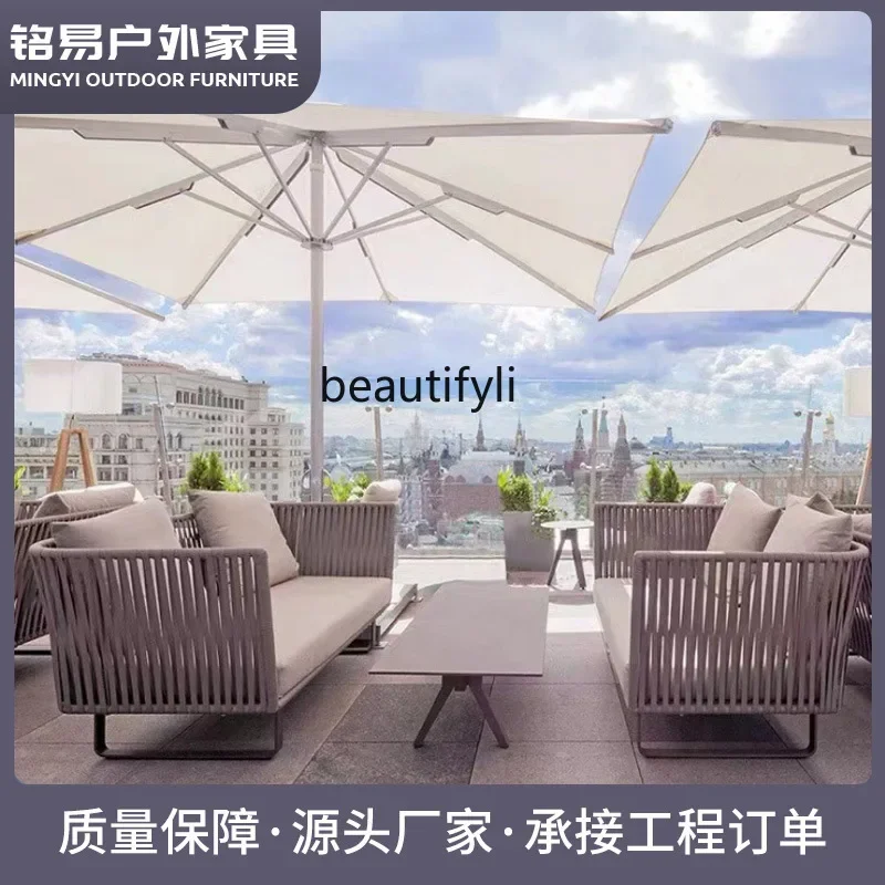 E153 Outdoor Sofa Hotel Resort Leisure Coffee Table Rattan Chair Courtyard Homestay Rattan Woven Sofa Set