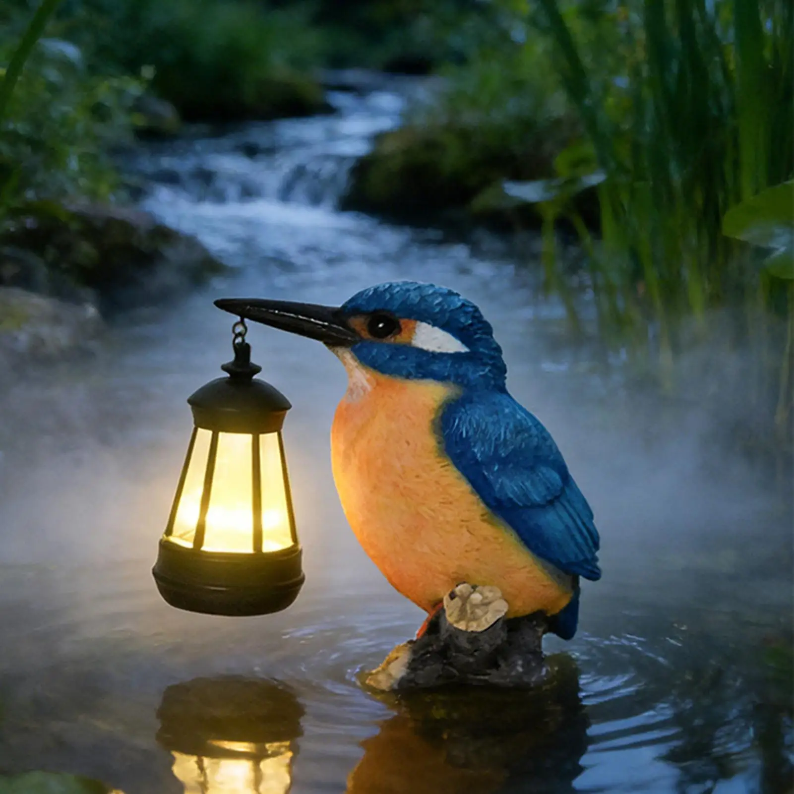 Solar Bird Statue Resin Blue Kingfisher Sculpture With Solar Lantern Outdoor Bird Figurine Light For Patio Lawn Pathway Balcony