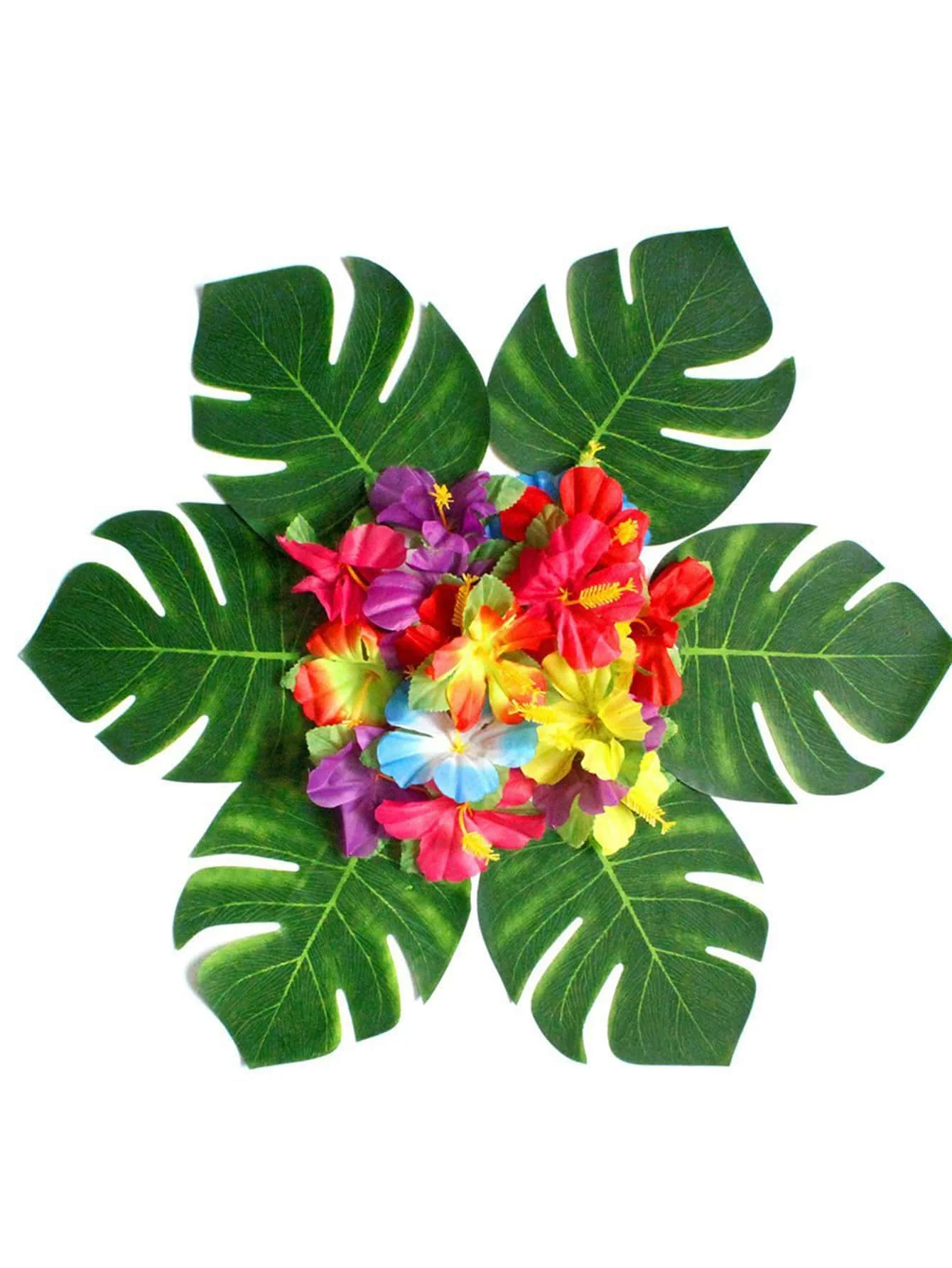 54 pieces of palm-leaf hibiscus flowers simulated artificial leaf Hawaiian jungle beach theme barbecue table decoration