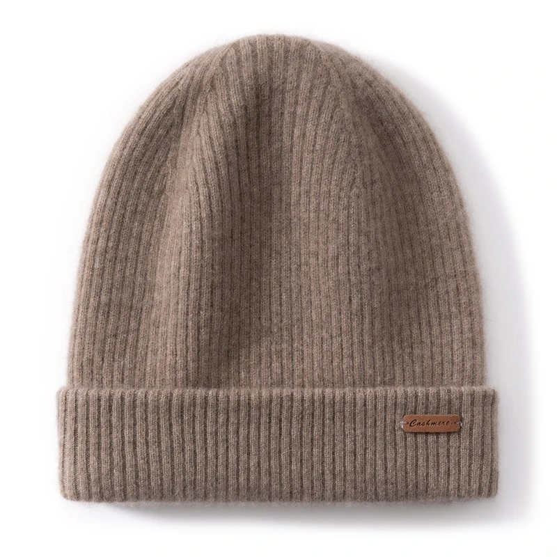 MVLYFLRT Pure Goat Cashmere Knitted Hat Unisex Warm Fashionable Leather Flanged for Autumn Winter Men Women