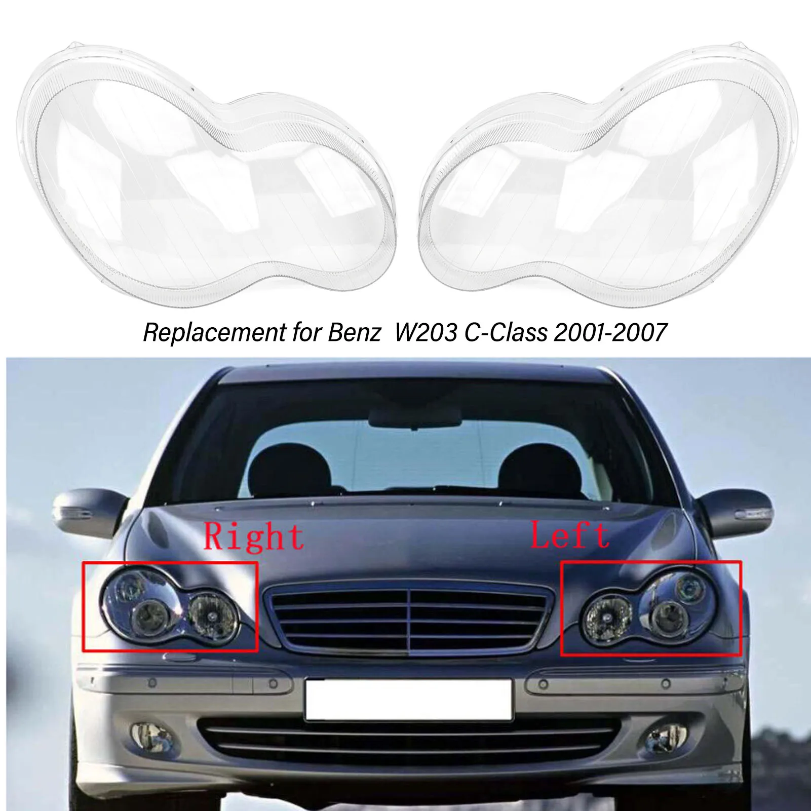 1Pair Headlamp Lens Cover Transparent High Visibility Left Right Front Headlight Lens Cover Replacement For Benz W203 C‑Class