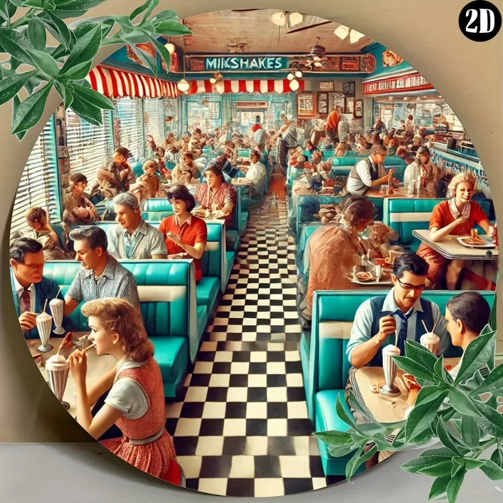 Letrero grabado con lámina temática de comedor de los años 50, arte de pared redondo, impresión de metal para bar, cafetería, club, decoración de cocina