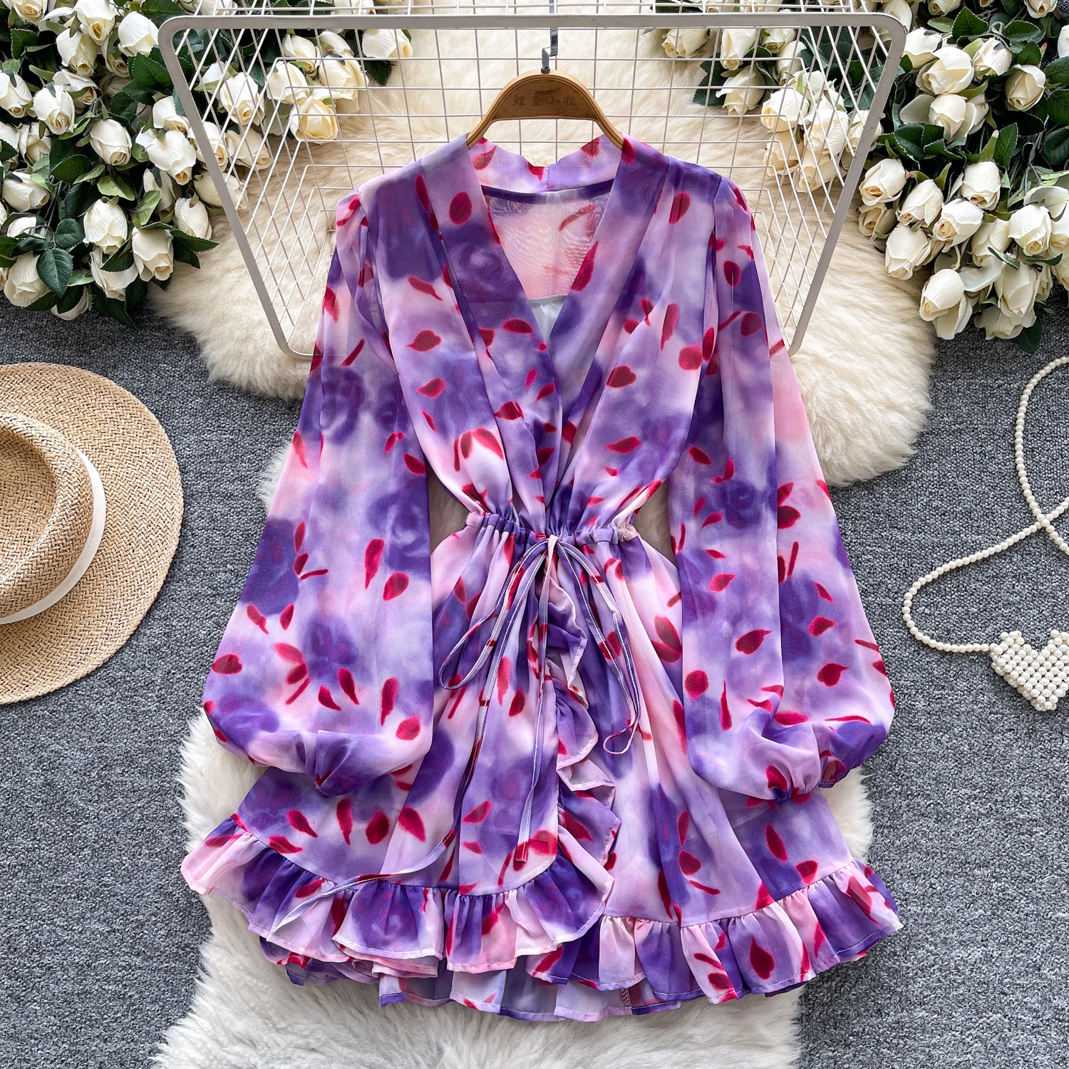 Chic vintage V-neck Ruched print slim Elegant Fairy korean fashion Boho Sundress women clothing mini dress