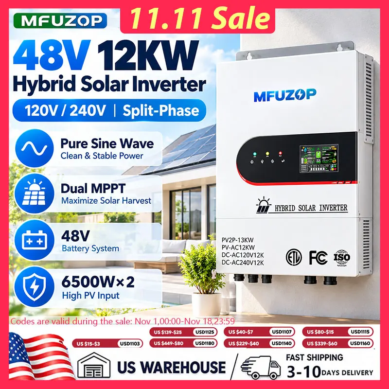 MFUZOP 48V 12000W Split Phase Hybrid Solar Inverter, 120V/240V Pure Sine Wave, Dual MPPT, 6500W X 2, RS485/RS232, Home Energy Storage & Off-Grid Power, US Store Fast Delivery