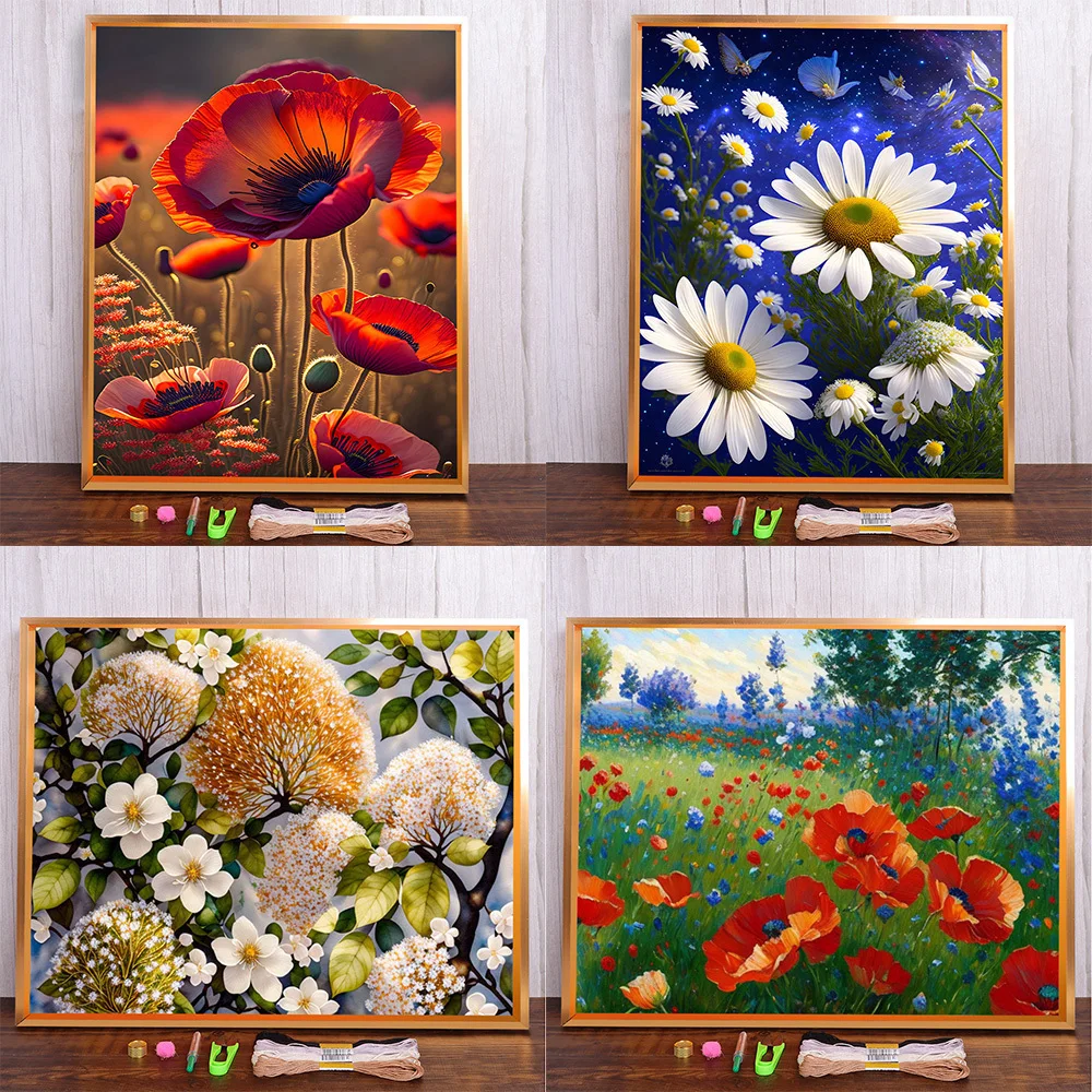 Flowers Chrysanthemum Poppy Printed Cross-Stitch DIY Embroidery Set Handmade Hobby Needlework Handicraft Needle For Adults Floss