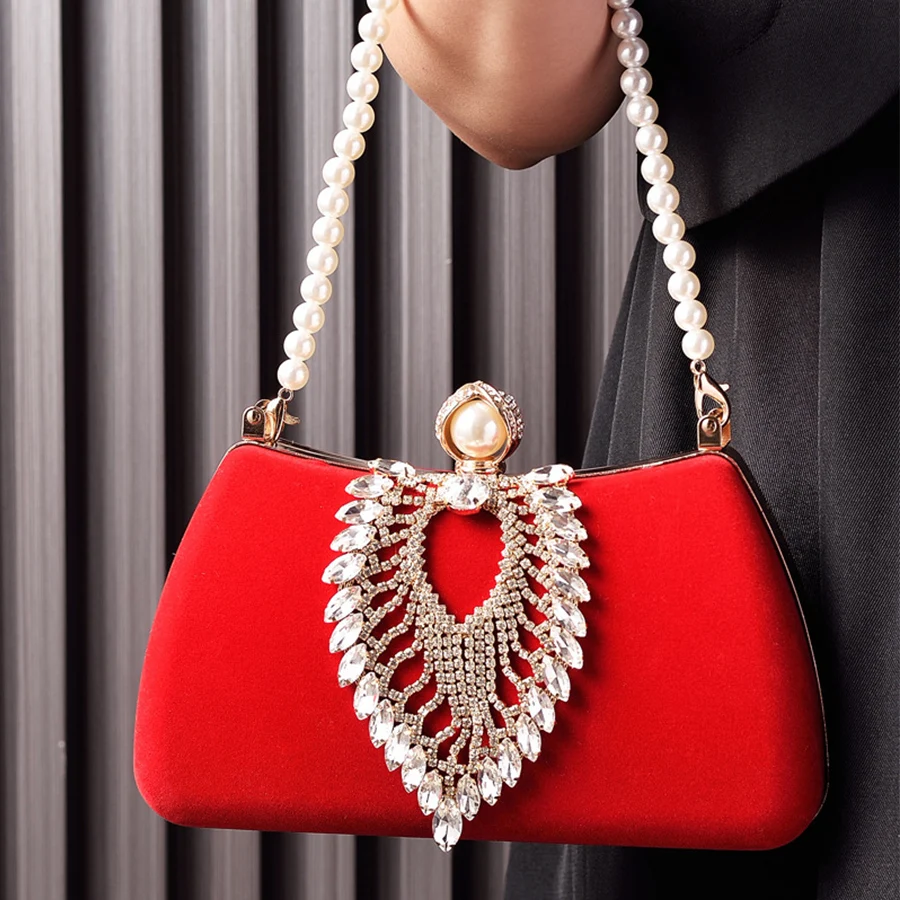

Crystals Velvet Evening Bag Diamond Pearl Crossbody Wallets for Women Vintage Elegant Party Handbags Clutch Purses Bride Dress
