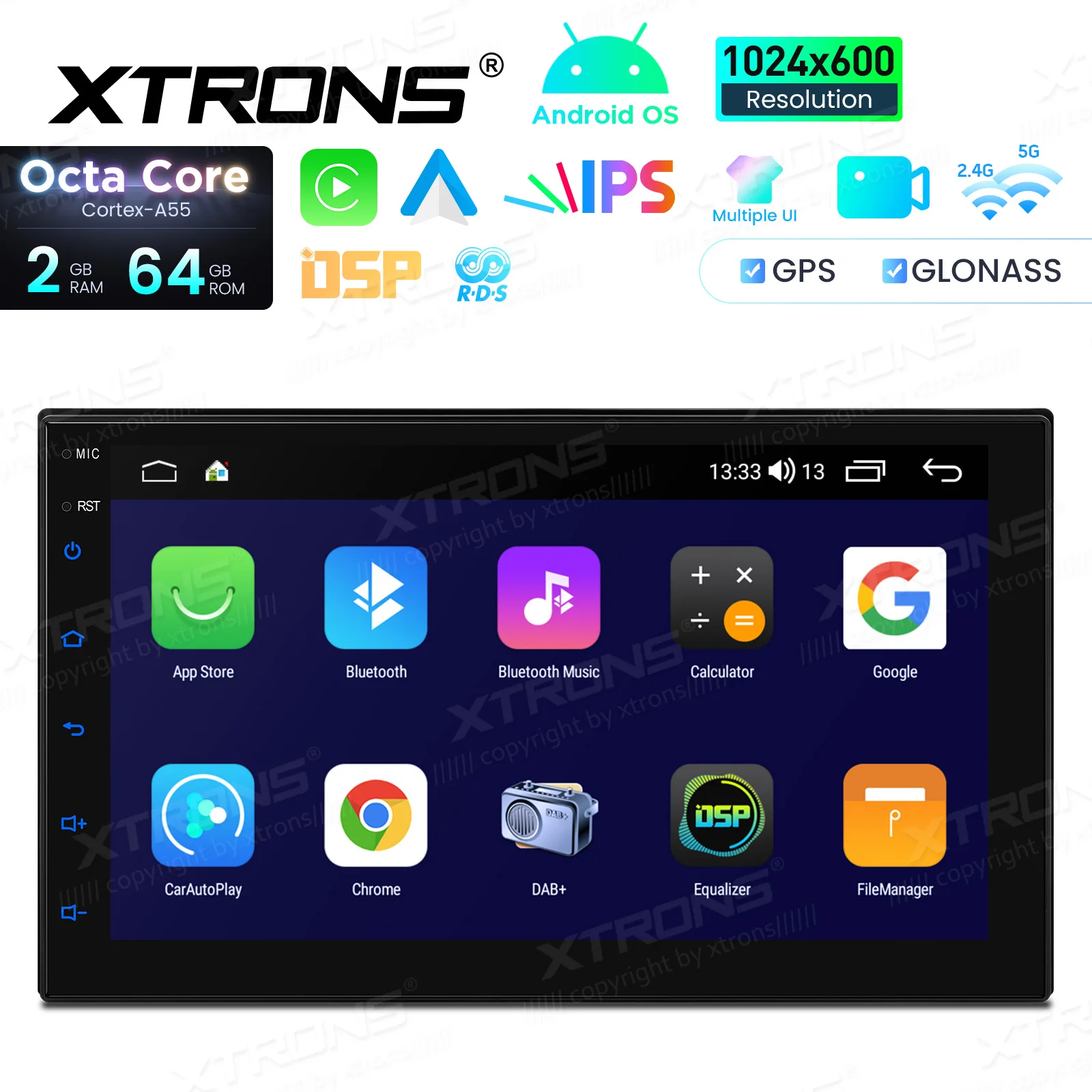 XTRONS Autoradio Android 14 Universale 7'' Octa Core 4+64GB, Schermo Touch IPS HD, Stereo Auto con CarPlay Integrato, AA, 4G LTE