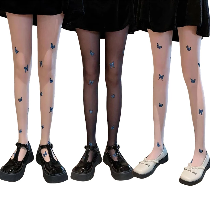 

Sexy Women Black Tights Fashion Y2K Butterfly Print Transparent Silk Pantyhose Girls Lolita Summer Thin Thight High Stockings