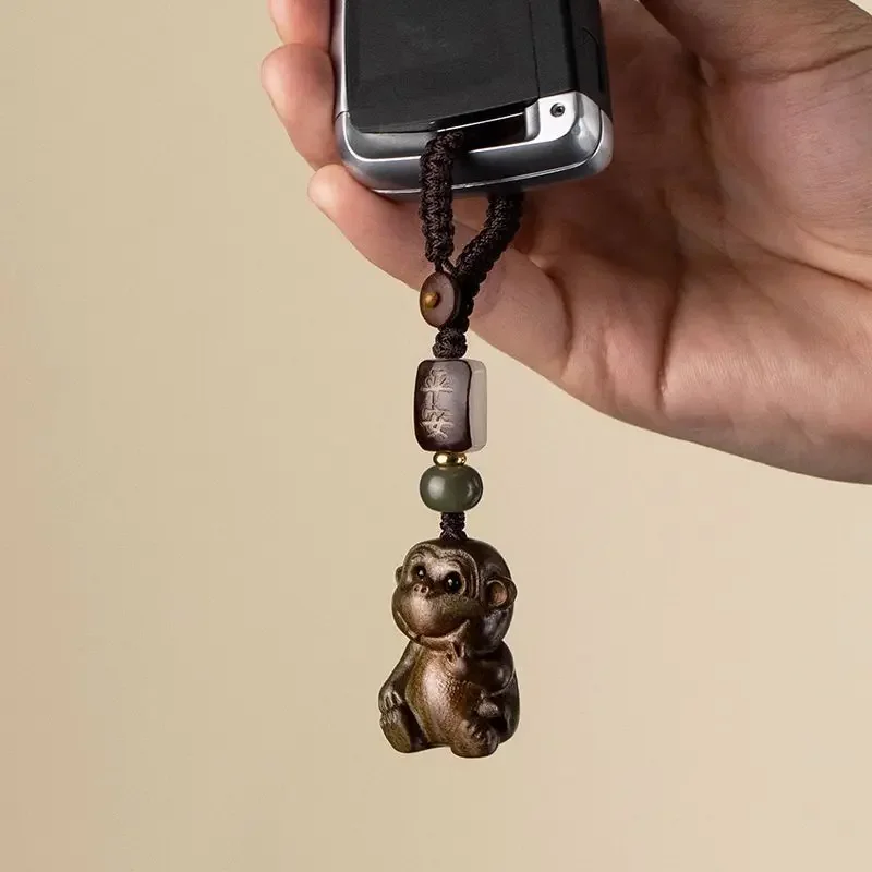 Natural Green sandalwood zodiac monkey car key ring pendant creative personalized and cute safe monkey mobile phone charm