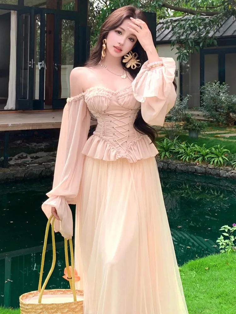 Light luxury elegant two piece set women spring off shoulder trumpet long sleeved slim fit top high waist mesh long skirt