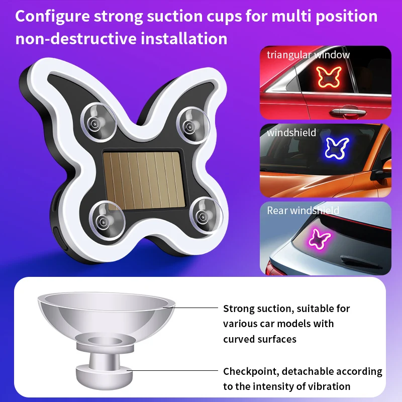 Car mounted butterfly lights, solar powered wiring free ambient lights, triangular windows, windshields, creative luminous LED