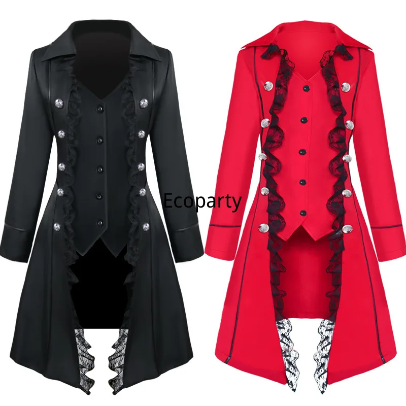 Middeleeuwse Kostuum Hof Revers Geknikte Tuxedo Smoking Mannen Vrouwen Steampunk Slanke Jas Goochelaar Cosplay Halloween Carnaval