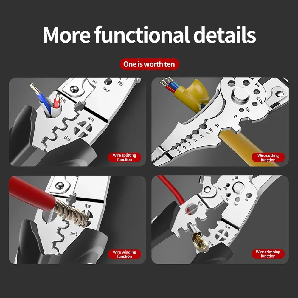 Descascador de fio multifuncional para eletricista, para reparo de fio de cabo, descascamento, crimpagem, corte, alicate de descascamento de fio, ferramentas