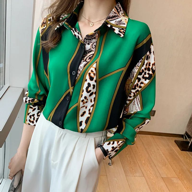 

Fashion Korean Style Leopard Print Shirt Casual Long Sleeve Green Blouse Top for Women Clothing