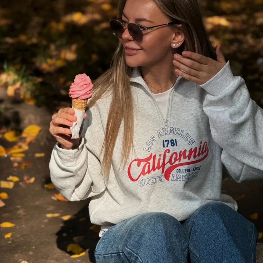 European Retro Design Gray Sweatshirts Zipper Stand Collar Loose Sports Hoodies Women Fashion Streetwear Autumn Large Size Tops