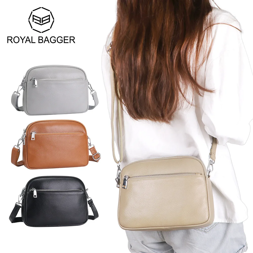 Royal Bagger Casual Shoulder Crossbody Bags, Genuine Leather Satchel Purse, Three Zipper Small Square Bag for Women 1807