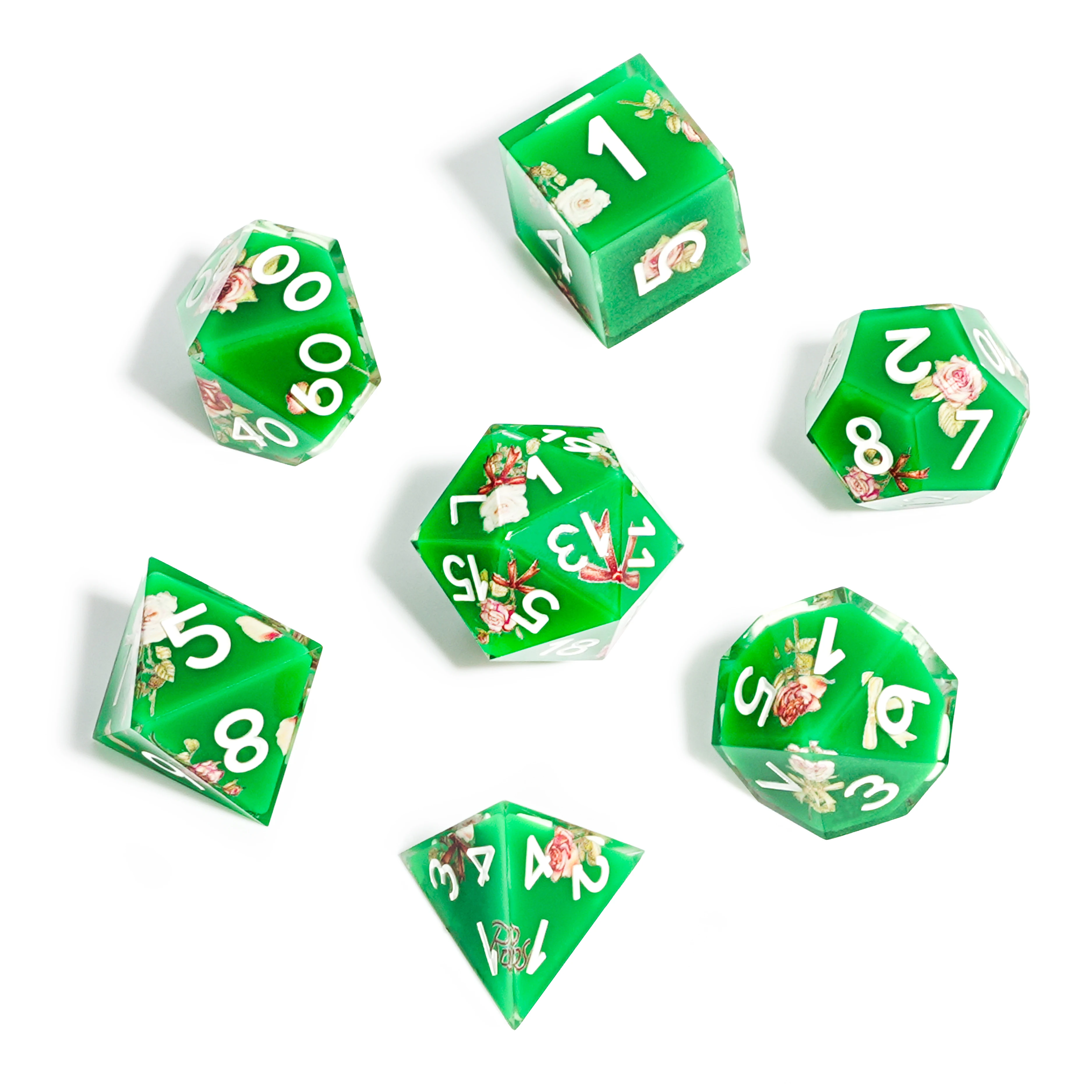 1-7Pcs Green Flowers Resin Dice Set Multi-sided Polyhedral Dice for D&D Game COC Role Playing RPG Table D6~D20