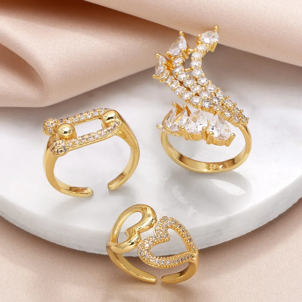 OCESRIO Fashion Mini White Crystal Water Drop Rings for Women Copper Gold Plated Heart Open Ring Jewelry Women Gift rigs90