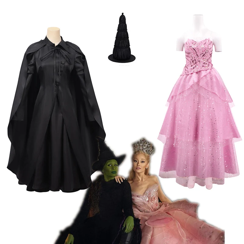 Wicked Glinda Elphaba Cosplay Witches Costumes Clothes Movie Party Role-playing Pink Suit Black Cape Dress Ball Gown Robe Hat