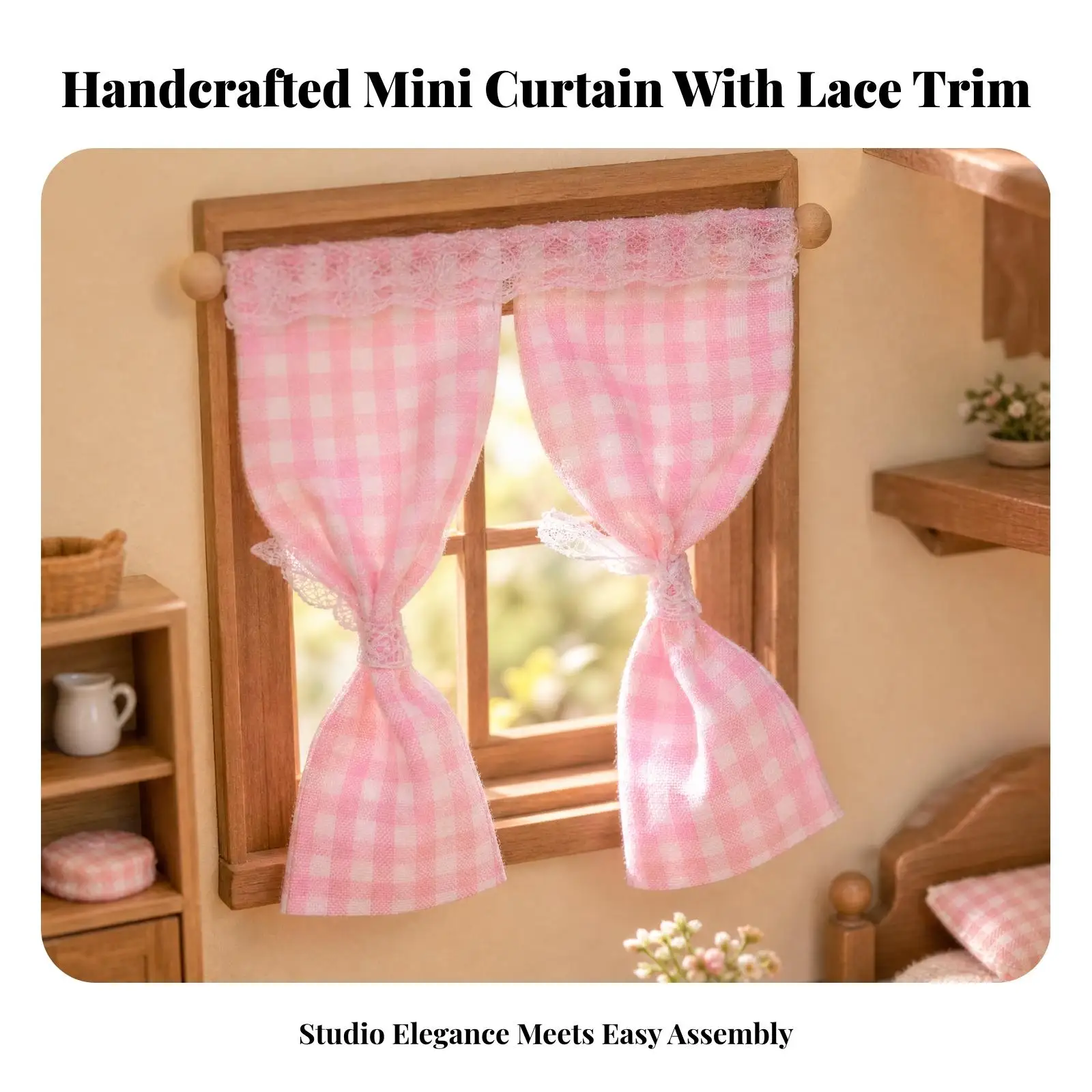 Wooden Rod Miniature Scene Curtain Gingham Lace Accent Window Panel for Dollhouse 1 12 Scale BJD Photography Room Decor