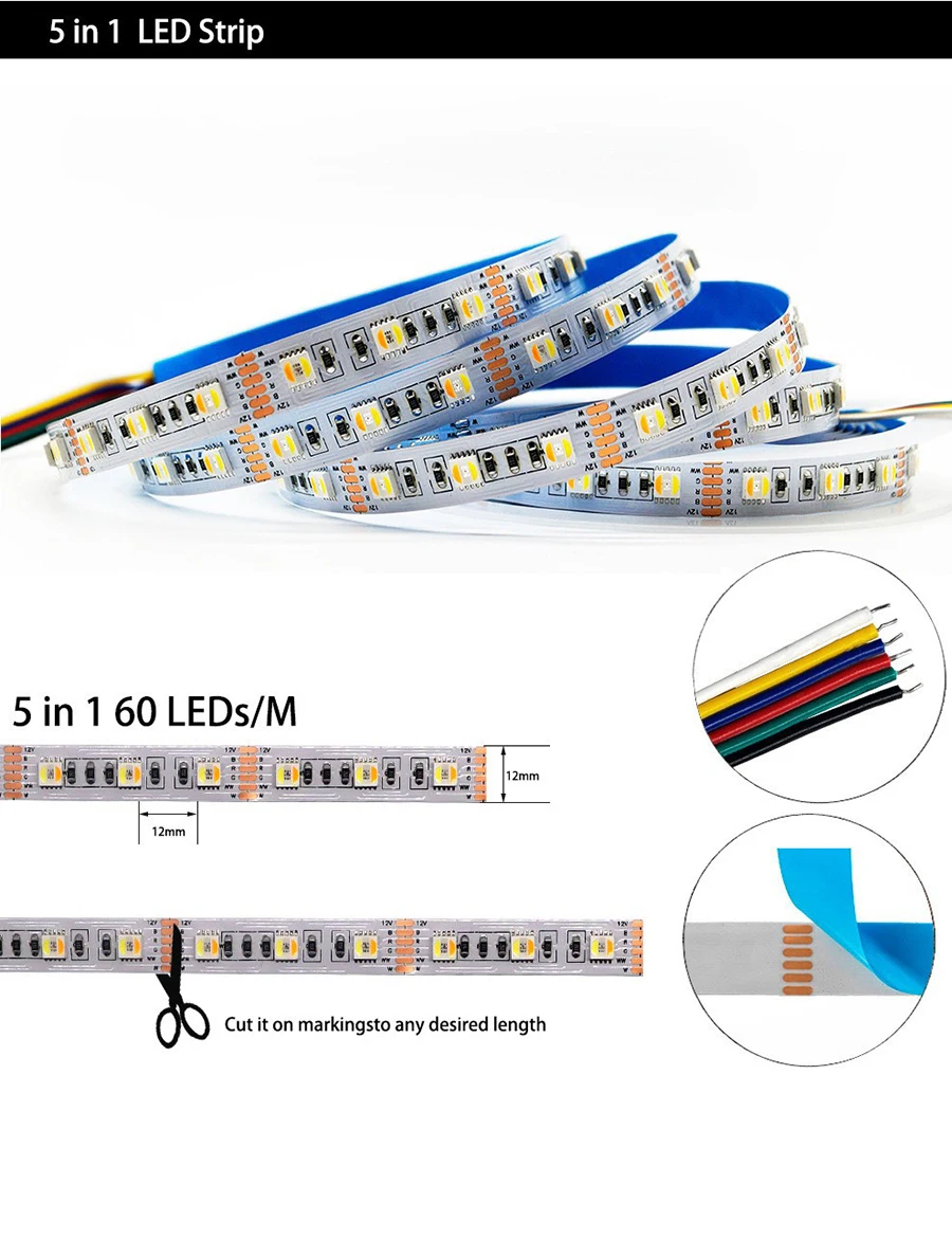 5M DC12V 24V Led Strip CCT 5050 4pin RGB  5pin 4in1 RGBWW RGBCW Flexible Light Color Changable NO Waterproof With CE