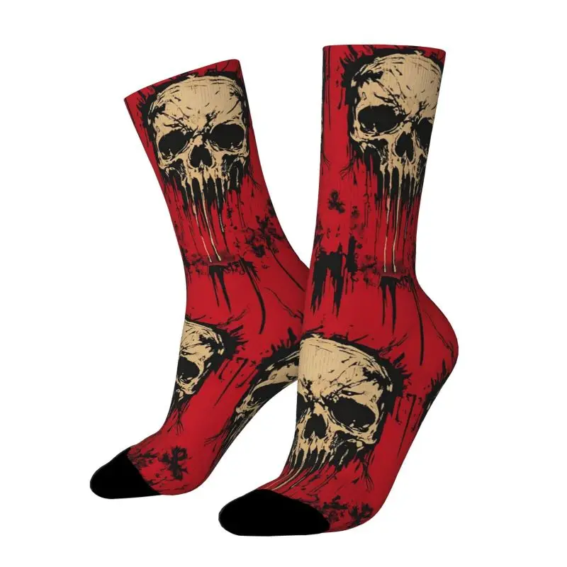 A Unisex Pair of Outdoor Socks Featuring a Dark Valentine's Day Skull Print Design with Bloodstain Effect on a Red Background
