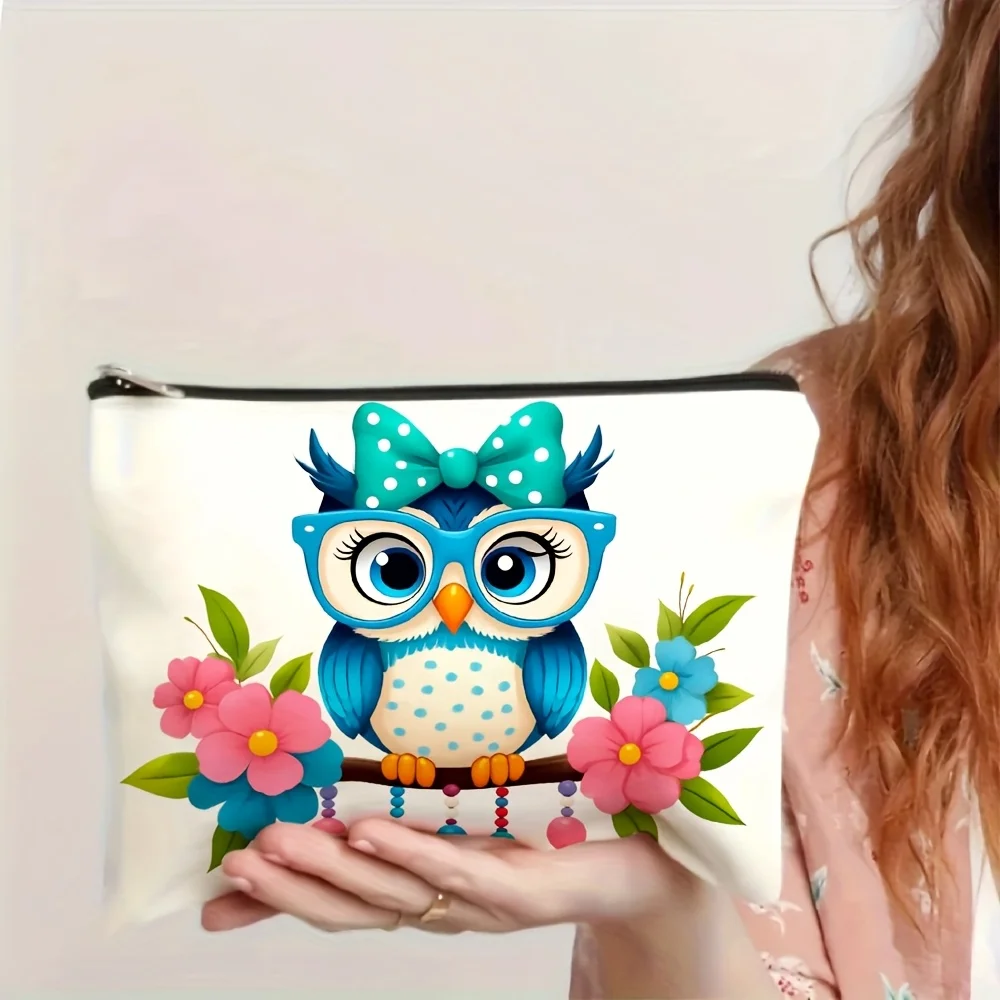 Urocza kosmetyczka z nadrukiem sowy - wielofunkcyjna saszetka na zamek błyskawiczny, woreczek na biżuterię, idealna podróżna mała saszetka na zamek.