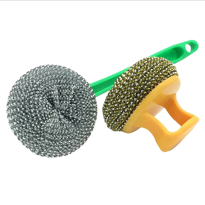 Steel Wire Ball Brush Long Handle Pan Cleaning Brush Dishwashing Toolsstainless Steel Wire Ball Kitchen Scrub Cleaner Supplies