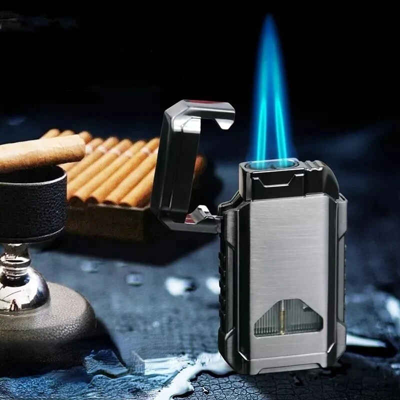 Metal Windproof Twin Turbo Jet Blue Flame Gradient Color Visual Oil Bunker Butane Gas Lighter Cigar Smoking Accessories Gadgets