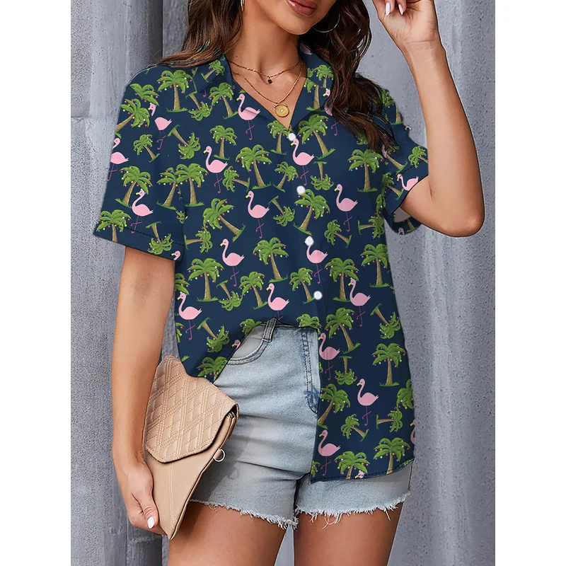 Navy Blue Christmas Tropical Flamingo Palm Tree Print Vintage Color Block Textured Women's Short Sleeve Casual Shirt