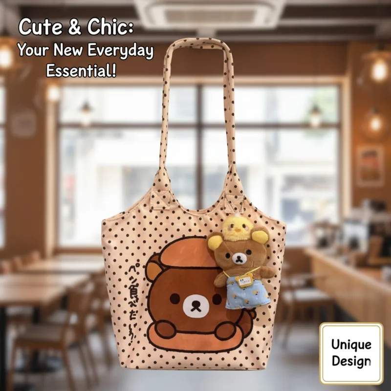 Torba na ramię Y2K Rilakkuma z ilustracją, wzór w kropki, nadruk kreskówkowy, na jedno ramię, studencka, zapinana na zamek, do dojazdów do pracy, o dużej pojemności, nowa.