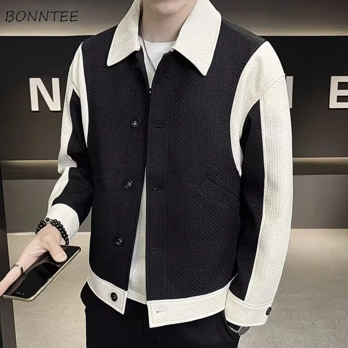 

Мужские куртки в стиле пэчворк, шикарный дизайн, отложной воротник, универсальные, теплые, в корейском стиле, для весны-осени, повседневные, новые, ветрозащитные