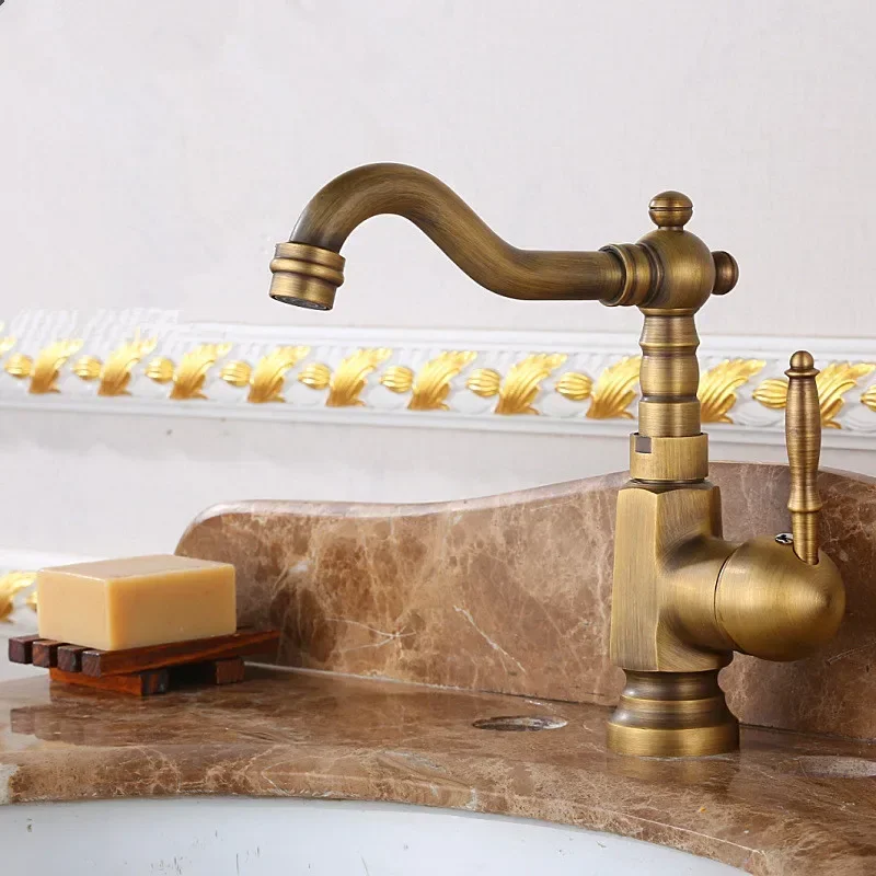 

Antique Brass Bathroom Faucet Rotating Spout Basin Sink Mixer Tap Bathroom Kitchen Washing Faucet Washbasin Taps Mixers