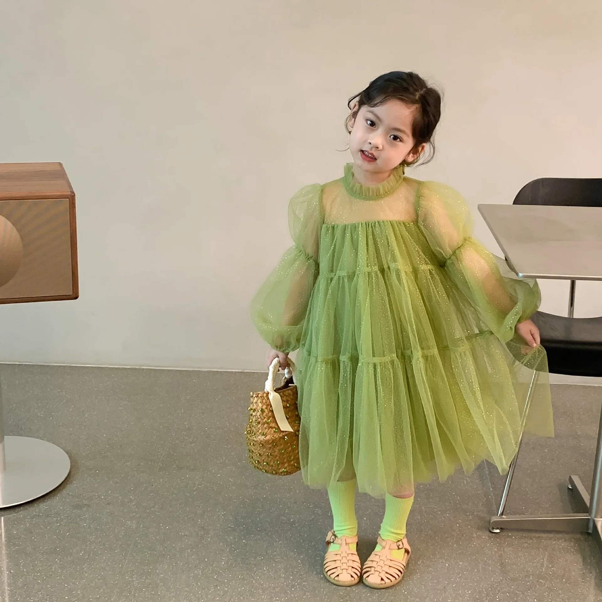 

Girl Dress Spring 2024 New Children's Clothes Korean Girl's Princess Frock Dress Fluffy Gauze 2-9Year Girl's Sweet Dress