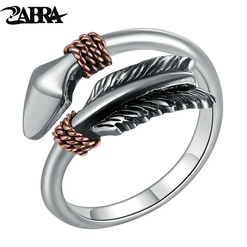 ZABRA Solid 925 Sterling Silver Vintage Retro Small Opening Cupid's Arrows Love Ring Women Men Steampunk Cool Feather Jewelry