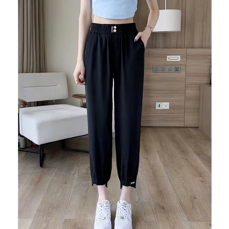 Women Summer Trendy Appliques Harajuku Streetwear Harem Pants Ice Silk High Waist Straight Cropped Trousers Pantalones De Mujer