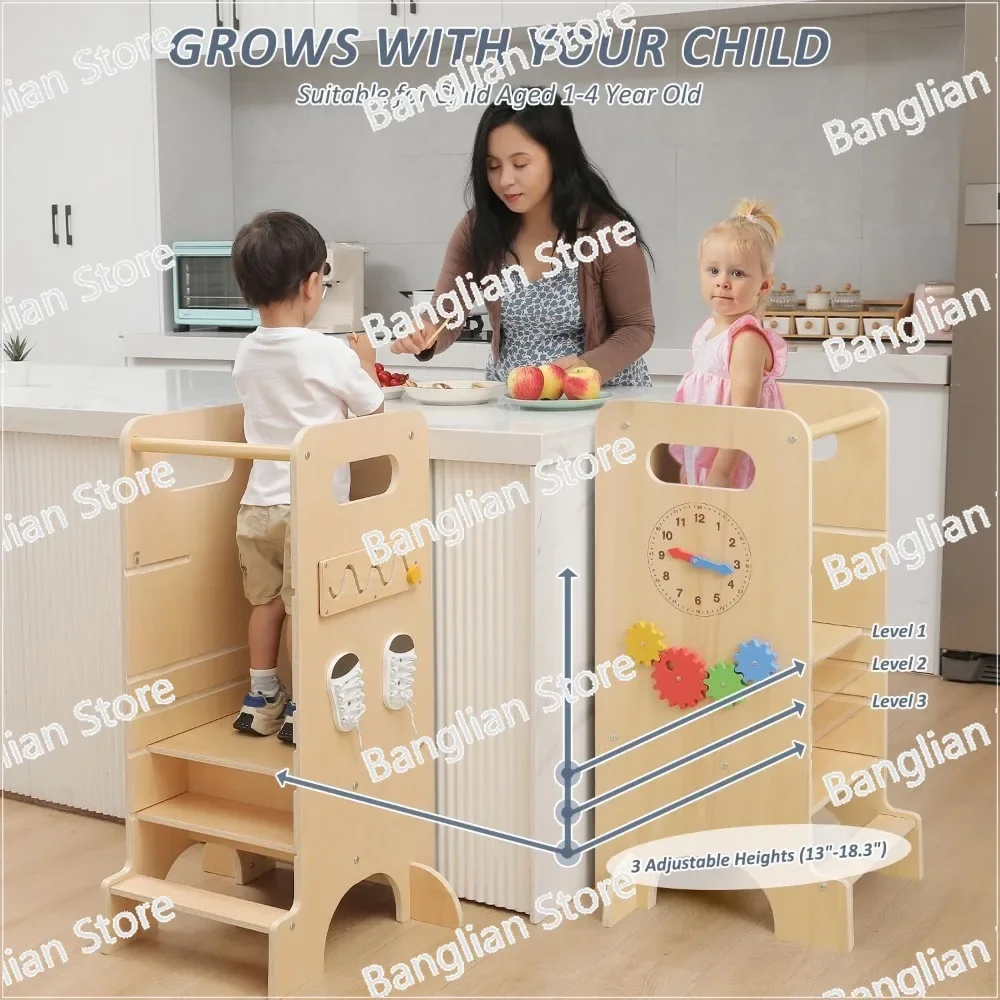 Toddler Tower, 4 in 1 Toddler Kitchen Stool Helper Wooden Height Adjustable Standing Tower for Kitchen Counter with Slide image 4