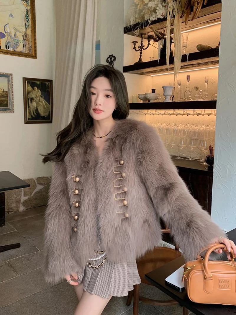 Chic White Women Faux Fur Jacket Pearl Button Coat Collarless Long Sleeve Cropped Loose Luxury Cozy Winter Outerwear Top