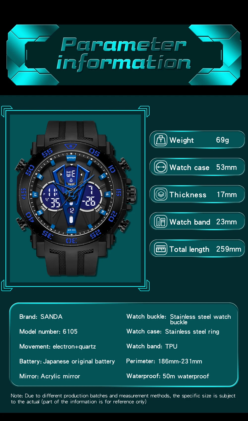 SANDA Digital Watch Men Military Army Sport Chronograph Quartz Wristwatch Original 50m Waterproof Male Electronic Clock New 6105