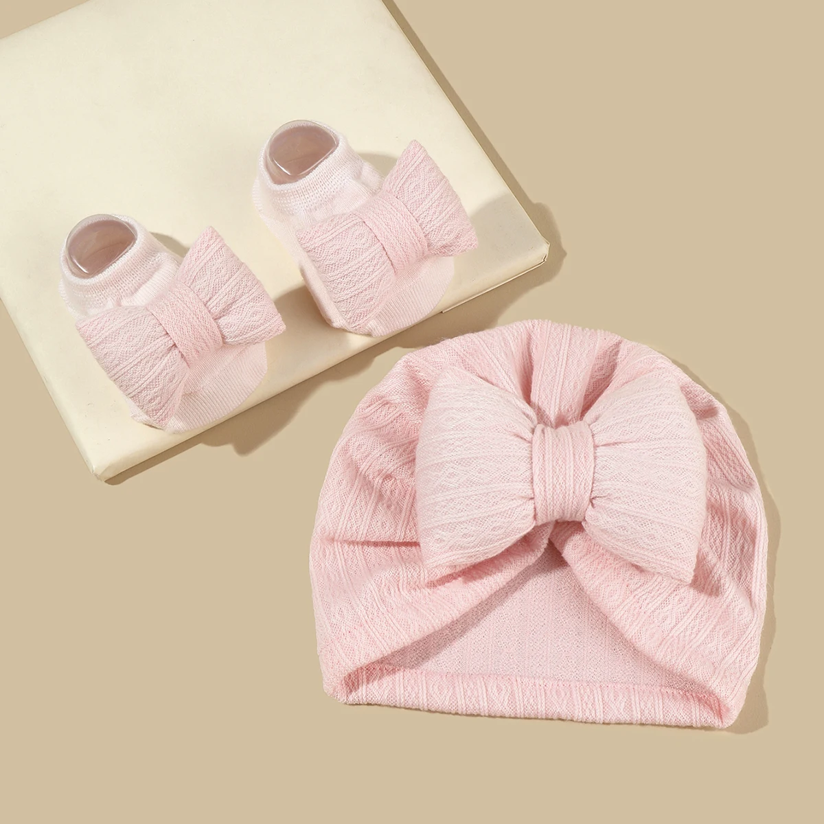 2Pcs Newborn Baby Bow Hat Socks Set Solid Color Cotton Infant Girls Turban Cap Anti-slip Socks