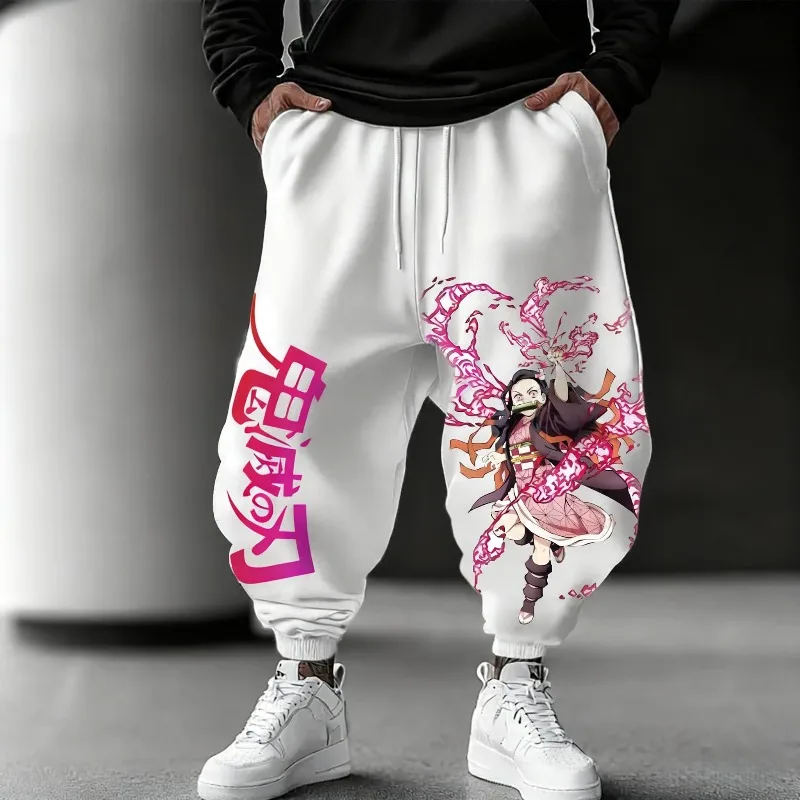 الخريف الشتاء الرجال رياضة 100% القطن Sweatpants انمي ياباني شيطان القاتل Nezuko الرسومات الملابس الرجل السراويل الرياضية المتضخم #1